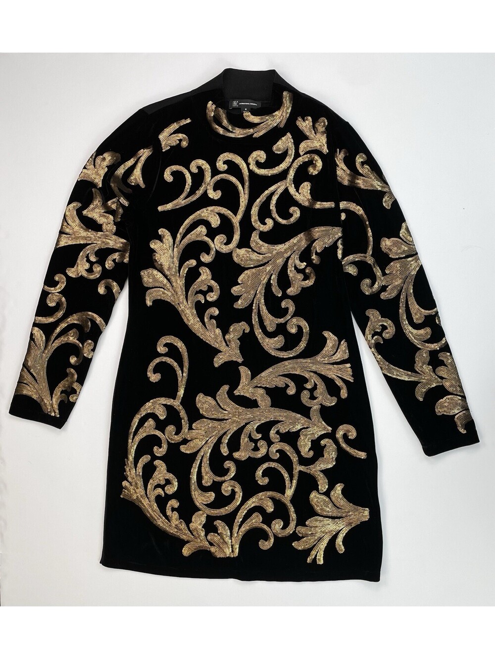 INC International Concept Whimsigoth Black Velvet & Gold Sequin Sweater Dress M